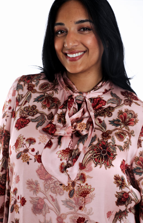 Chemise en viscose avec lavalière imprimé fleurs-Paprika-3