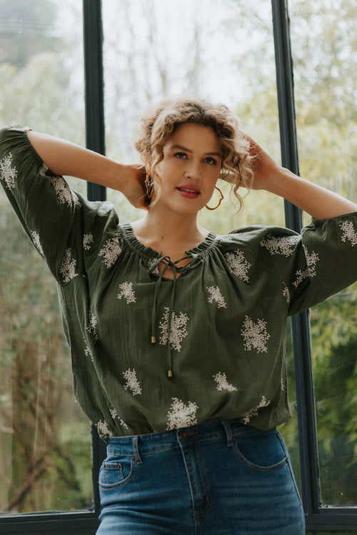 Blouse en coton broderies florales-Paprika-1