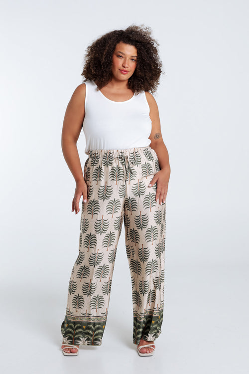 Pantalon effet satin imprimé palmier-Paprika-8
