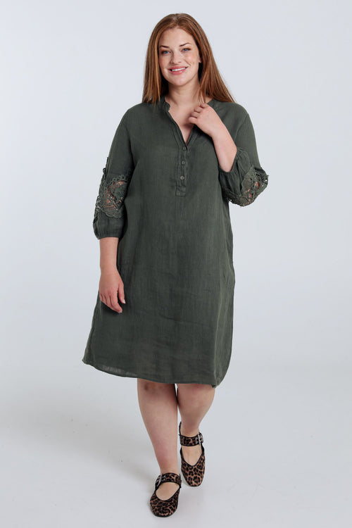 Robe tunique unie en lin détail macramé-Paprika-8