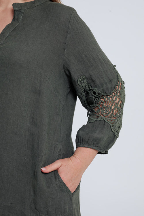 Robe tunique unie en lin détail macramé-Paprika-6