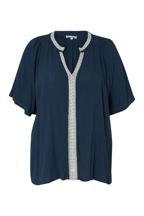 Blouse en viscose unie et macramé-Paprika-10