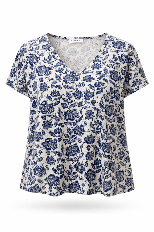 T-shirt en maille dentelle imprimé fleurs-Paprika-1