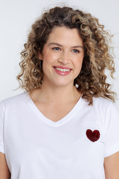 T-shirt en coton uni avec coeur en sequins-Paprika-4