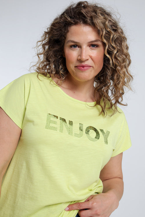 T-shirt uni avec broderie Enjoy et sequins-Paprika-5