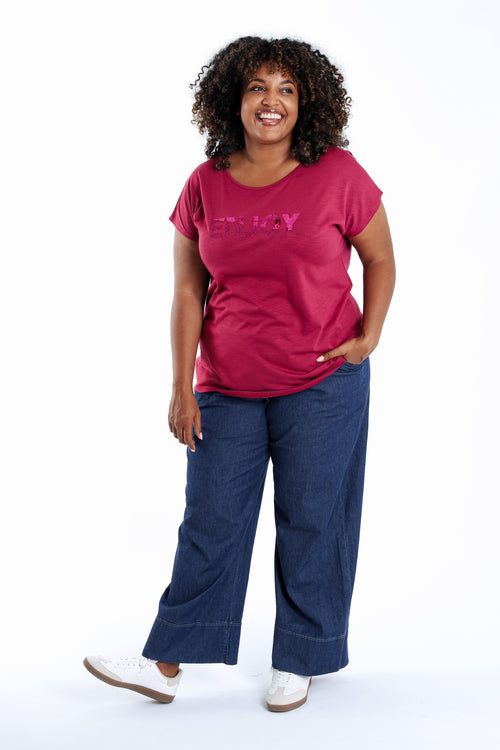 T-shirt en coton uni Enjoy en sequins-Paprika-9