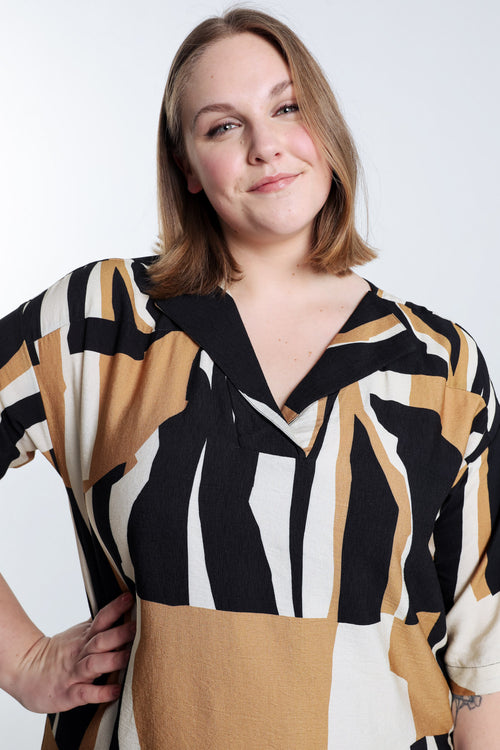 Robe en viscose imprimé graphique-Paprika-4