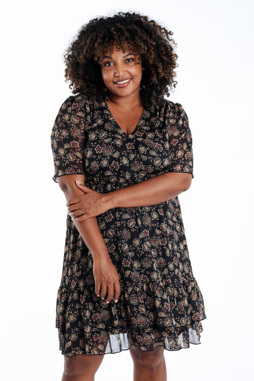 Robe courte en voile imprimé fleuri-Paprika-1