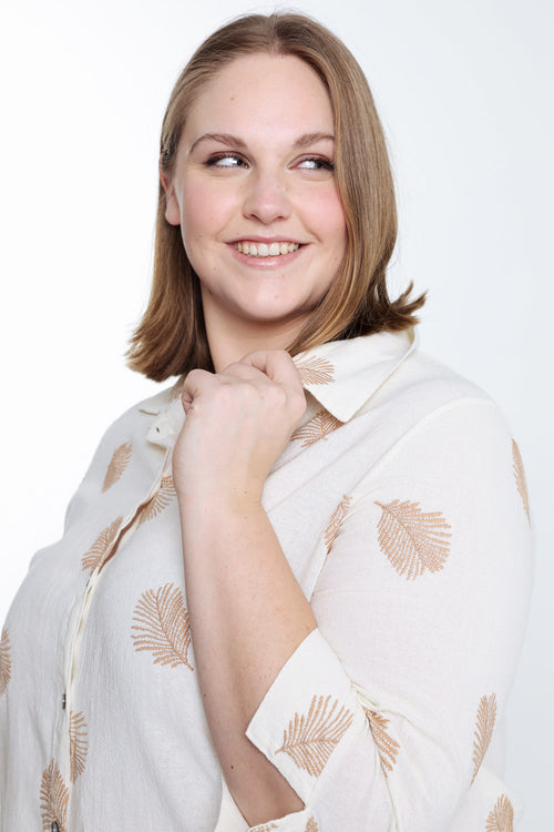 Chemise en coton unie avec feuilles brodées-Paprika-4