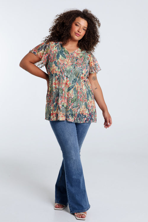Tunique en dentelle plissée imprimé floral-Paprika-8