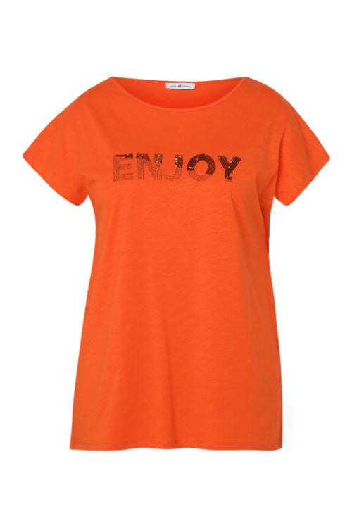 T-shirt uni avec broderie Enjoy et sequins-Paprika-10