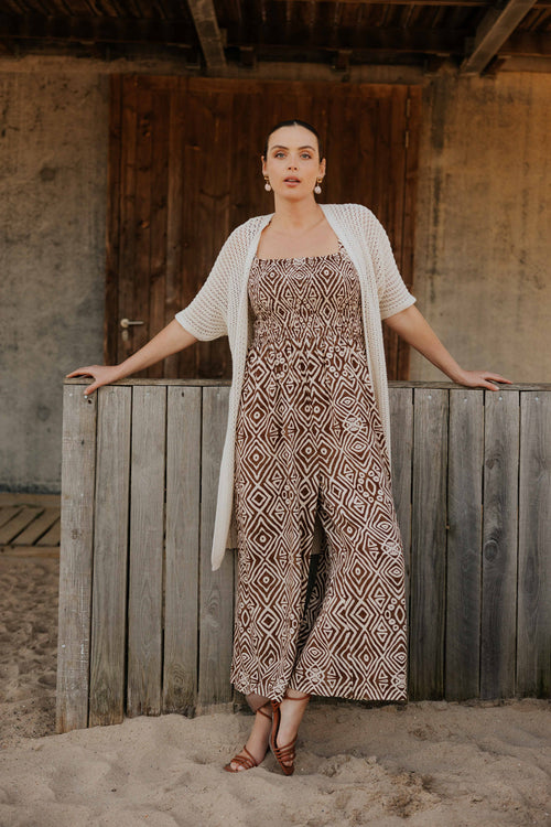 Long gilet en coton ajouré uni-Paprika-1