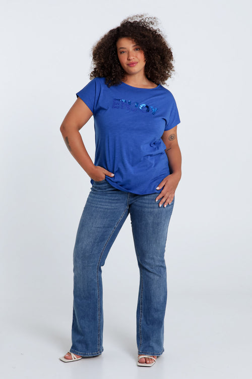T-shirt uni avec broderie Enjoy et sequins-Paprika-9