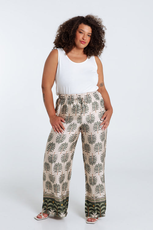 Pantalon effet satin imprimé palmier-Paprika-9