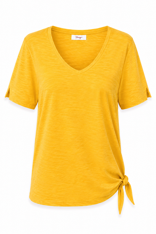T-shirt en viscose et coton uni avec noeud-Paprika-1