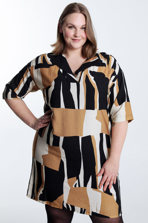 Robe en viscose imprimé graphique-Paprika-1