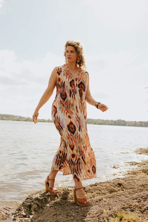 Robe longue en viscose imprimé ethnique-Paprika-1