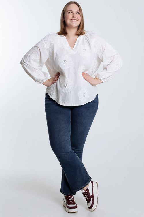 Blouse en coton unie avec fleurs brodées-Paprika-7