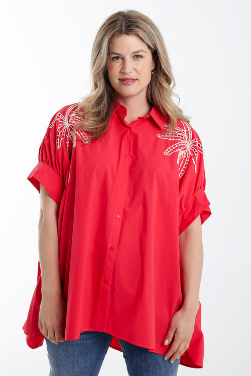 Chemise oversize en coton unie avec broderies-Paprika-1
