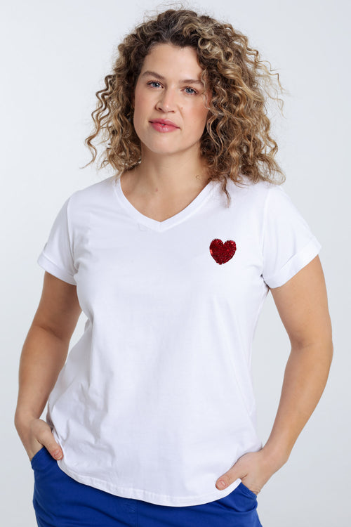 T-shirt en coton uni avec coeur en sequins-Paprika-1