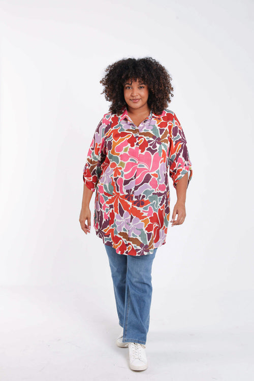 Chemise longue en viscose imprimé floral-Paprika-8
