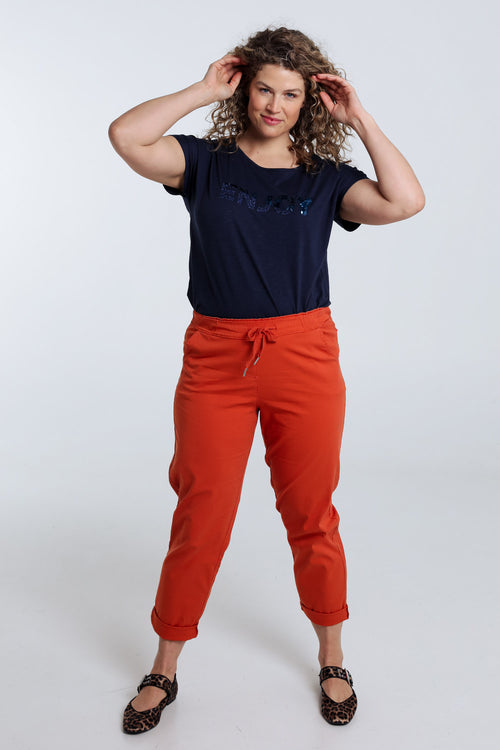 T-shirt uni avec broderie Enjoy et sequins-Paprika-9