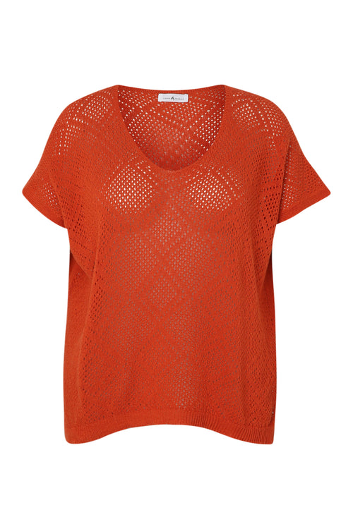 Pull boîte uni en coton ajouré-Paprika-10