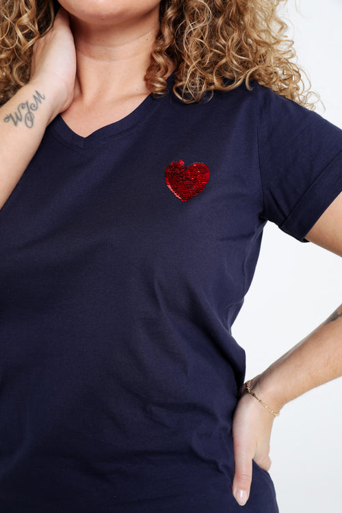 T-shirt en coton uni avec coeur en sequins-Paprika-4