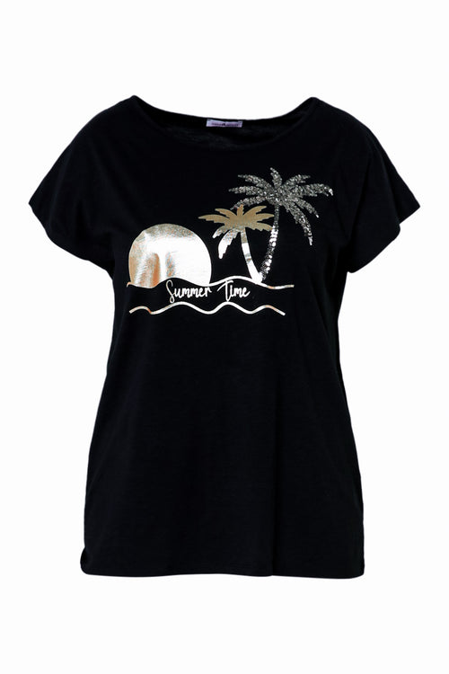 T-shirt en coton imprimé foil palmiers et sequins-Paprika-10
