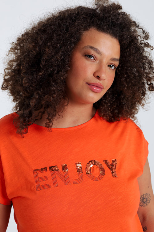 T-shirt uni avec broderie Enjoy et sequins-Paprika-4