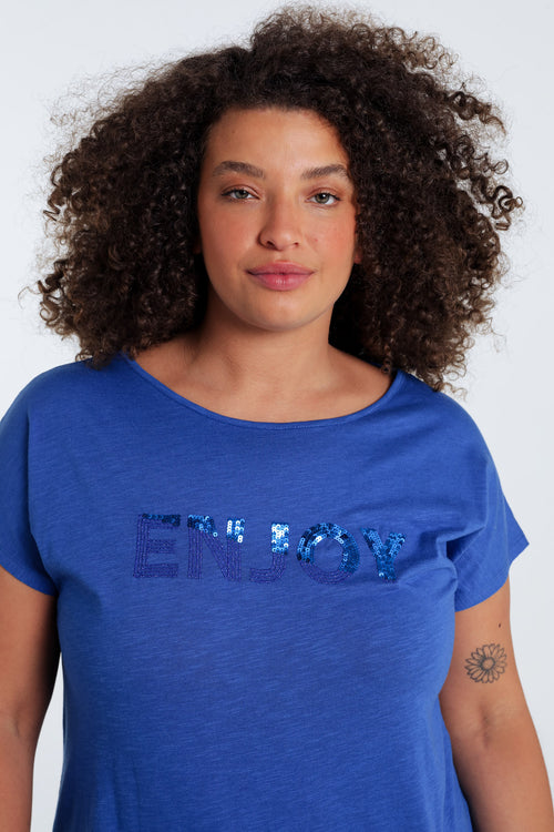 T-shirt uni avec broderie Enjoy et sequins-Paprika-4