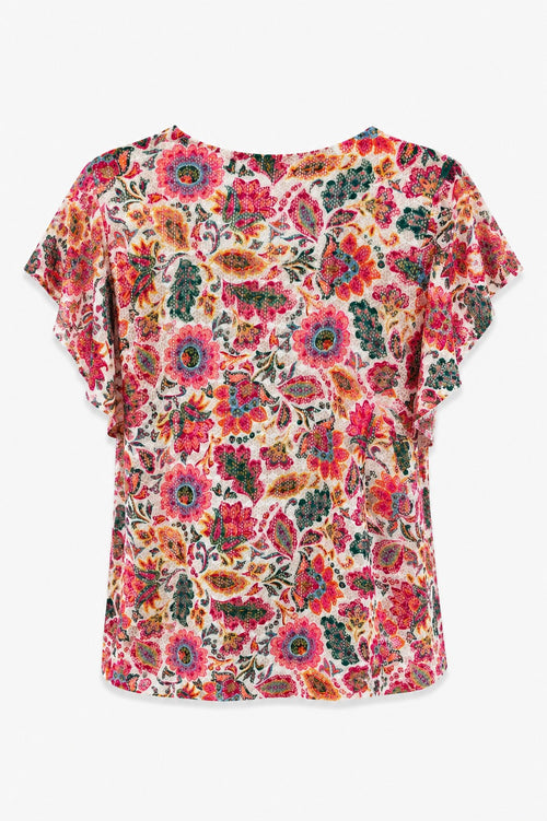 T-shirt en dentelle imprimé fleurs indiennes-Paprika-4