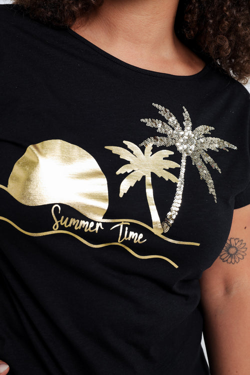 T-shirt en coton imprimé foil palmiers et sequins-Paprika-4