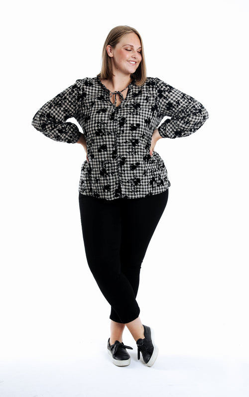 Blouse en coton imprimé vichy et fleurs flockées-Paprika-7