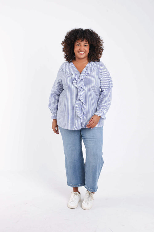 Blouse en coton rayée avec volants-Paprika-9